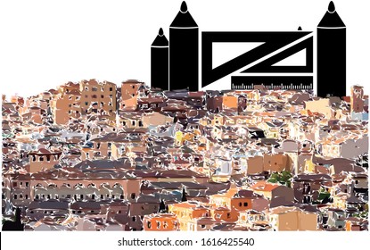 Vectorial illustration of Toledo.
The city is represented in an abstract way while the Alcazar is represented with artistic utensils.