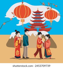 VECTORIAL ILLUSTRATION OF TYPICAL CHINESE SCENE WITH DIFFERENT CULTURAL ELEMENTS OF A FAMILY CELEBRATING THE CHINESE NEW YEAR OF THE MOON  