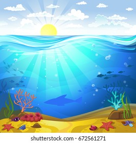 Vectorial illustration of underwater - a seabed with corals and small fishes