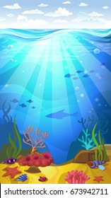 Vectorial illustration of underwater - a seabed with corals and small fishes