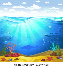 Vectorial illustration of underwater - a seabed with corals and small fishes