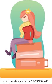 Vectorial illustration of a young girl, waiting in the airport, with all her backpacks to get a really exciting trip.