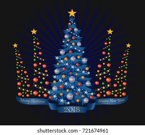 Vectorial image of festive, new-year, christmas postal. Christmas tree on a dark background.