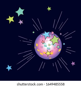 Imagen vectorial de una brillante bola disco multicolor con luces y estrellas en un fondo azul oscuro.