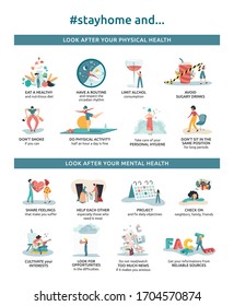 Vectorial infographics of tips to stay home safe and healthy, with good habits, routine and solidarity. Poster of advices for physical and mental health in quarantine due to coronavirus.