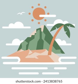 A vectorial island with clouds surrounding it, an ocean crane surrounded by palm trees, and the sun over a greenish mountain in the background of the entire landscape