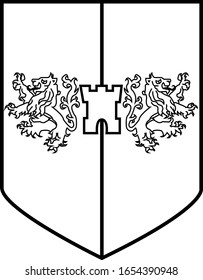 A vectorial line drawing of a heraldic crest or shield depicting two heraldic lions and a tower. You can choose your own colors. 