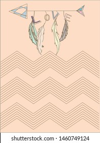 Vectorial love message with arrow, feathers and ethnic decoration on peach color background.