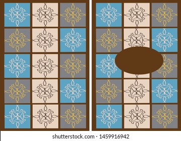 Vectorial notebook cover vintage style, with blue, brown and peach colors tiles.