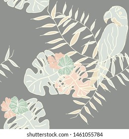 Vectorial parrot pattern with tropical flowers and leaves, nature wallpaper 