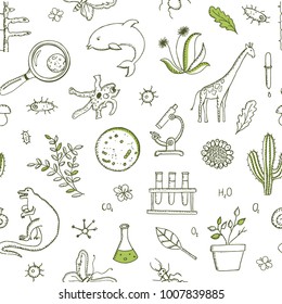 Vectorial pattern of doodle biology drawings. Hand drawings on white background