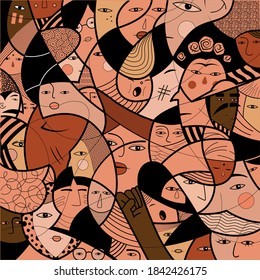 Vectorial pattern with faces of people of different cultures and religions. Puzzle of people and minorities fighting for justice, equality and human rights.