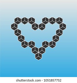 Vectorial performance of the heart from cubes on a blue background.