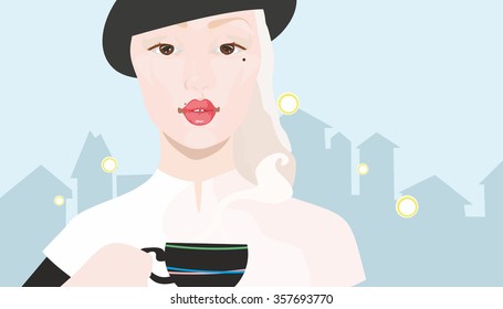 Vectorial picture of young beautiful girl in a black beret in a street cafe gets on the hip the cup of hot coffee