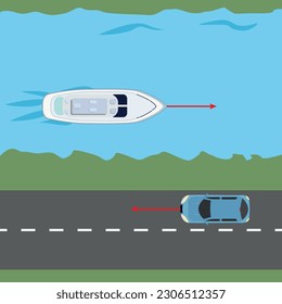 vectorial representation of vector velocities of a car and a boat going in different directions in the same direction for physics lesson