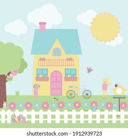 Vectorial scene of a spring day with a young girl next to her house and her bicycle.