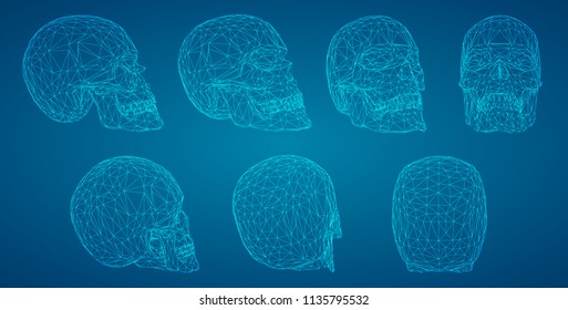 vectorial set of human skulls with square and triangular polygons.