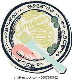 Vectorial shrimp spaghetti plate print design.