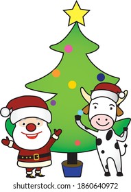 Vectorial stickers with cows in various postures with diverse accessories prepared for celebrating Christmas