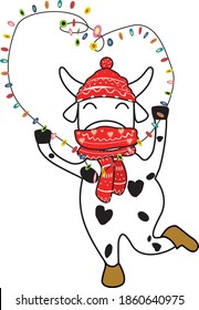 Vectorial stickers with cows in various postures with diverse accessories prepared for celebrating Christmas