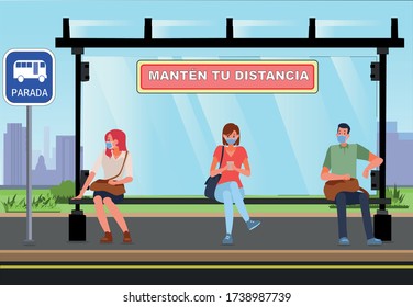 Vector-illustration with animated characters sitting at a bus stop with face masks, next to a text that refers to maintaining social distance.