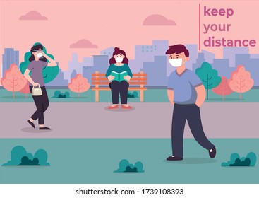 Vector-illustration with animated characters strolling in the park while wearing face masks, along with a text referring to maintaining social distance.