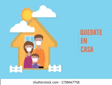 Vector-Illustration with animation characters wearing face masks, accompanied by letters that refer to staying at home.