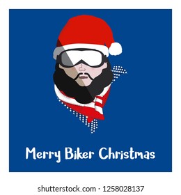 Vector-Illustration of Christmas Santa's full face biker costume.Young handsome Santa clause with sunglasses and rider scarf on blue background with "Merry Biker Christmas" text.