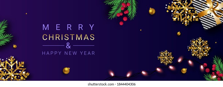Vector/Illustration of Christmas , sparkling lights garland with gifts and glitter snowflakes. Christmas posters, banner, cards, headers website.