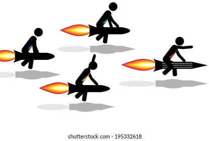 Vector/Illustration. Contest between men which ride rockets.
