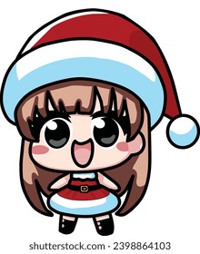 vectorillustration of cute anime girl wearing santa hat and christmas outfit, smiling and happy face, suitable for sticker and icon