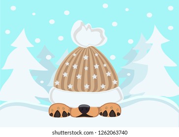 Vector-illustration  of a cute dog in a hat that plays in the snow, children's theme of winter.