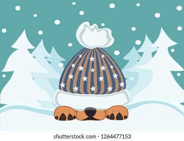 Vector-illustration  of a cute dog in a hat that plays in the snow,night time, children's theme of winter.