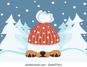 Vector-illustration  of a cute dog in a hat that plays in the snow,night time, children's theme of winter.