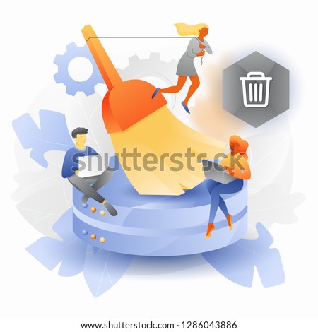 Vectorillustration of database cleansing. Tiny developers with big brush cleaning up hard disks.