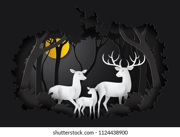 Vector,illustration graphic digital craft style, Deer in the night forest ,Idea for presentation EPS10
