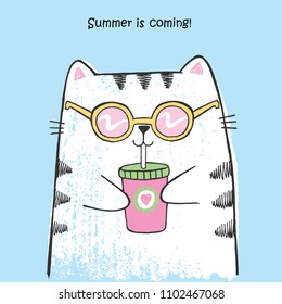 Vectorillustration of hand drawn sketch cartoon cute white cat with glamour fashion sun glasses, cocktail in his hands, lettering summer is coming, drawn with colored crayons, isolated on blue