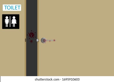 vectorial,ilustración de la mano que abre la puerta del baño y que tiene gérmenes en forma de color rojo unido al baño de acero inoxidable que abre la mano
