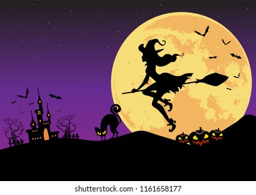 vector-illustration of happy halloween's day; beautiful silhouette of a witch on broom, dark pumpkin, cat and castle with moon and darkness sky background.