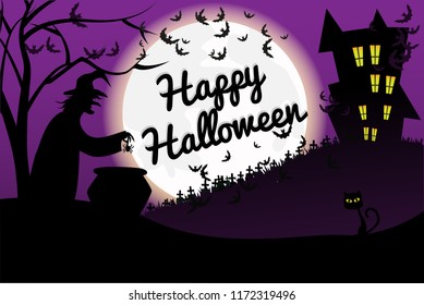 vector-illustration of happy halloween's day;  scary silhouette of witch boiling poison in cauldron, cat and castle with moon and darkness sky background.