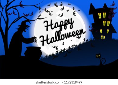 vector-illustration of happy halloween's day;  scary silhouette of witch boiling poison in cauldron, cat and castle with moon and darkness sky background.