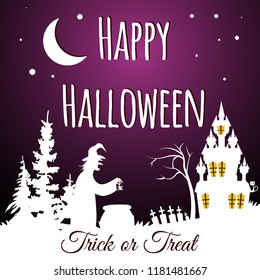 vector-illustration of happy halloween's day;  scary silhouette of witch boiling poison in cauldron, cat and castle with moon and darkness sky background.