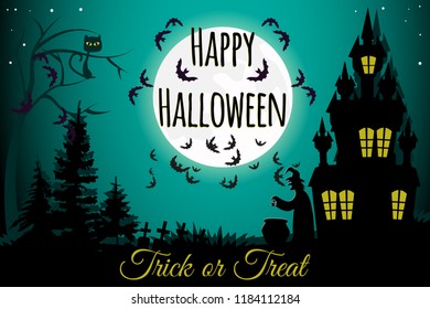 vector-illustration of happy halloween's day;  scary silhouette of witch boiling poison in cauldron, cat and castle with moon and darkness sky background.