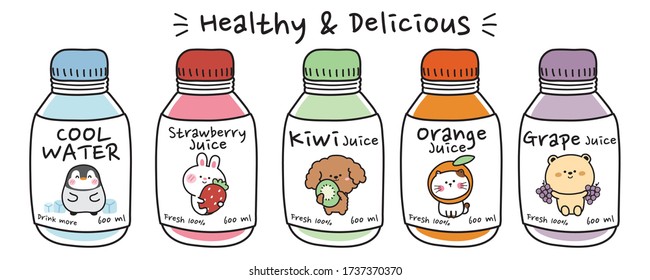 Vector.Illustration.Set of juice bottle doodle style.Healthy and delicious text.Cool water,strawberry,kiwi,orange,grape juice.Cartoon.Hand drawn.Animal.Penguin,rabbit,dog,cat,bear.Kawaii.