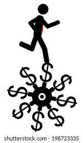 Vector/illustration. Man running on a wheel of dollars.