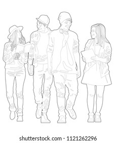vector,illustration, outlines, people vector sketch. People line drawing.Hand drawn cartoon doodle vector illustration. Teen group sketch.
