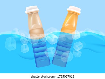 vector&illustration ,Plastic beverage bottles, ice tea and ice coffee  floated in clear water with ice,refreshment concept