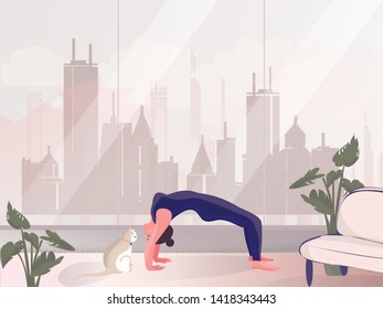 Vector-illustration of private meditation by the window.Good looking woman doing yoga in upward facing dog pose in  room of her rescident.Lifestyle of successful people.International Yoga Day on 21st