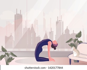 Vector-illustration of private meditation by the window.Good looking woman doing yoga in ustrasana or camel pose at home ith cat .Lifestyle of healthy successful people.International Yoga Day on 21st