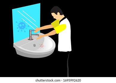 vector,illustration,a person standing in a sink and opening a faucet to wash hands and there are germs attached to the tap